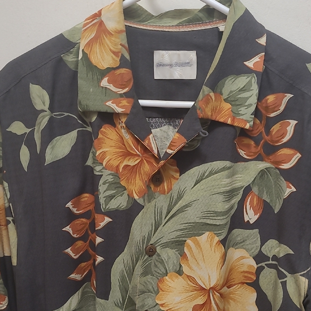 Tommy Bahama 100% Silk Shirt - Gray with fall orange and green colors.